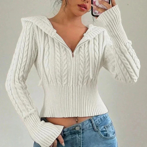 White Casual Women's Fitted Drawstring Hooded Cardigan - Picture 3 of 5